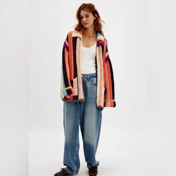 Free Peoplle Everything Cardi Sweater Heavy Weight Striped Zipper Pockets - Picture 5 of 8